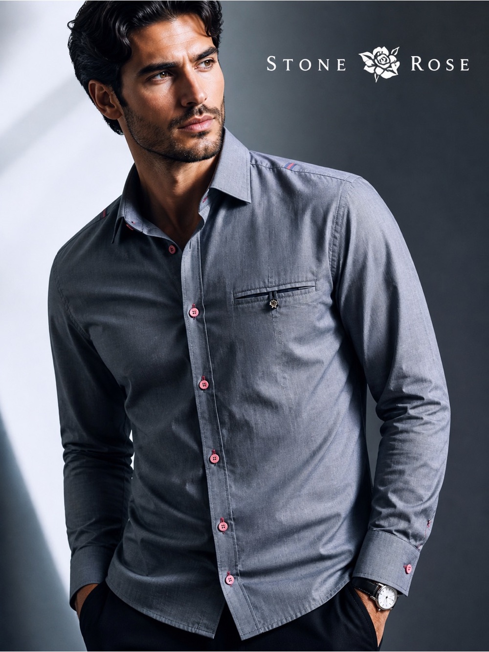 Stone Rose Slim Fit Button Down Shirt Gray/Blue Pink Accent Men’s Size Small (5)